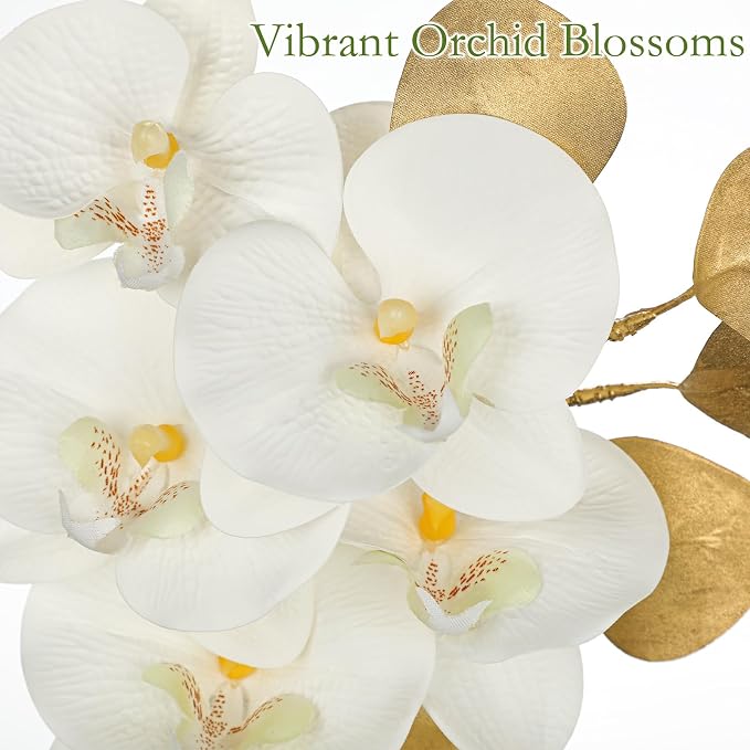Oairse Artificial Orchids Flowers in Vase Faux Orchids Arrangement Small White Orchid & Eucalyptus Plant with Glass Vase Fake Phalaenopsis Orchid Centerpiece for Bathroom Bedroom Dining Room Table