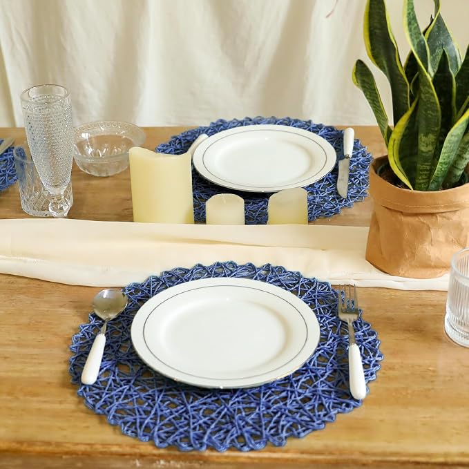 AHHFSMEI Paper Braided Round Placemats Set of 12 Natural Non-Slip Heat Resistant Table Mats for Dining Tables Farmhouse Woven Indoor Outdoor Place mats (Blue,12)