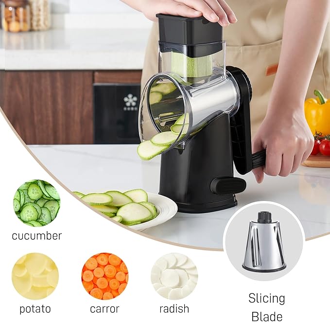 Weltonhm Rotary Cheese Grater with 3 Blades, Large Hand Crank Cheese Grater with Waffle Slicer, Black and White Cheese Slicer with Suction Base, Easier for Shredding& Grating (black, 3 Graters)