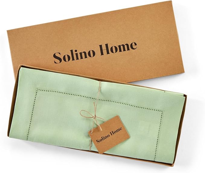 Solino Home Linen Table Runner 120 Inches Long - 100% Pure Linen Light Green Table Runner 14 x 120 Inch for Summer - Classic Hemstitch