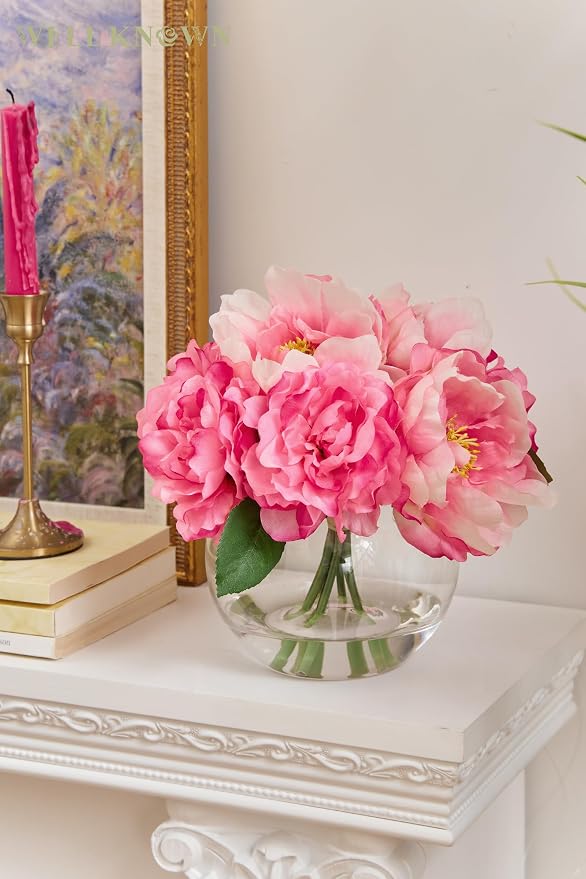 WELL KNOWN Artificial Flowers in Vase, Silk Peonies Bouquet with Faux Water, Fake Peony Pink Flower Arrangement for Home Wedding Birthday Party Dining Table Centerpiece Spring Decor & Mom's Gift