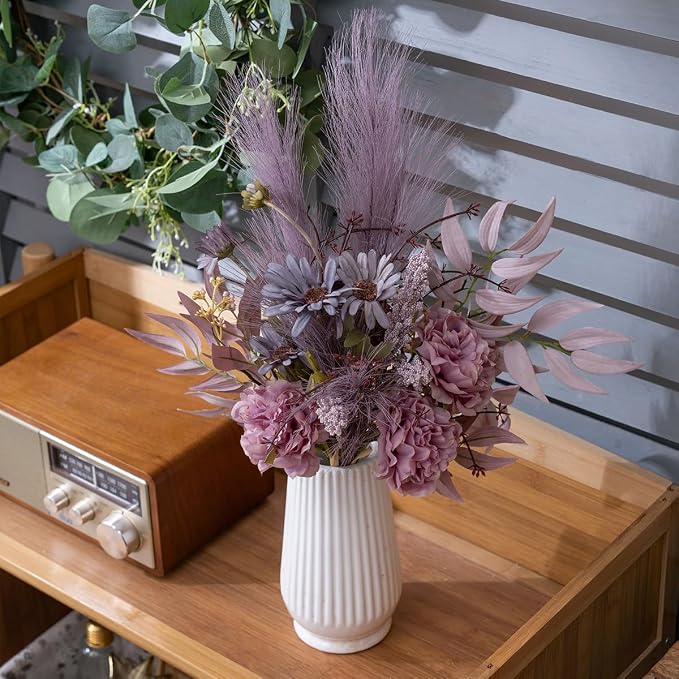Artificial Fake Faux Flowers Silk Flower Arrangements Bouquets Consists of Peonies, Chrysanthemums, Pampas Grass (Purple)