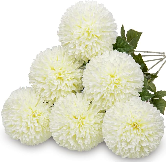 Briful Autumn Artificial Chrysanthemums Ball Flowers 4’’ Large Heads Mums Stems Cream White Fake Hydrangea Flowers Bridal Wedding Bouquet for Home Garden Party Wedding Fall Decoration, Set of 6