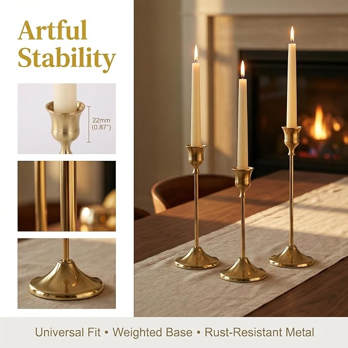 4 Sets(12 Pcs) Brass Tapered Candle Holder,Candlestick Tall Metal Candlestick Holders for Table Centerpiece Home Decor for Wedding Fireplace Mantel Housewarming Gift Fits 3/4 Inch Thick Candles