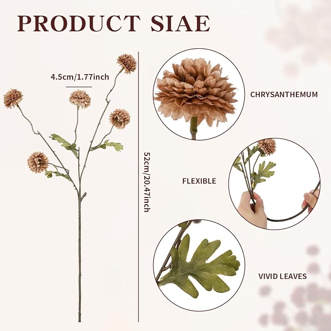 DuHouse 9pcs Artificial Flowers Faux Silk Pompon Mum,Silk Small Mini Chrysanthemum Ball with Stems for DIY Wedding Bouquets Centerpieces Vase Home Table Kitchen Decoration(Coffee)