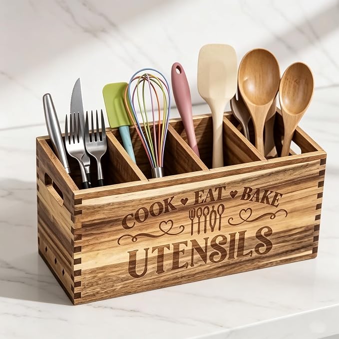 Large Acacia Wooden Utensil Holder for Kitchen Countertop | 4 Compartment Utensils Organizer Kitchen Counter Rustic Farmhouse Utensils Holder for Cooking Tools Storage Spatula Spoon