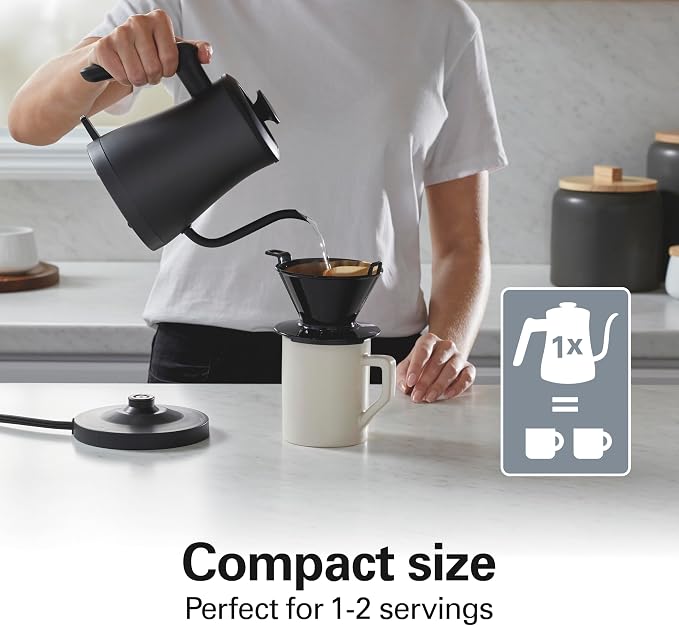 Hamilton Beach Compact 20 oz. / 0.6 Liter Gooseneck Electric Kettle for Boiling Water, Pour Over Coffee, Tea, Ultra Fast Heating With 1200 Watts, Stainless Steel BPA-Free Interior, Black (41045)