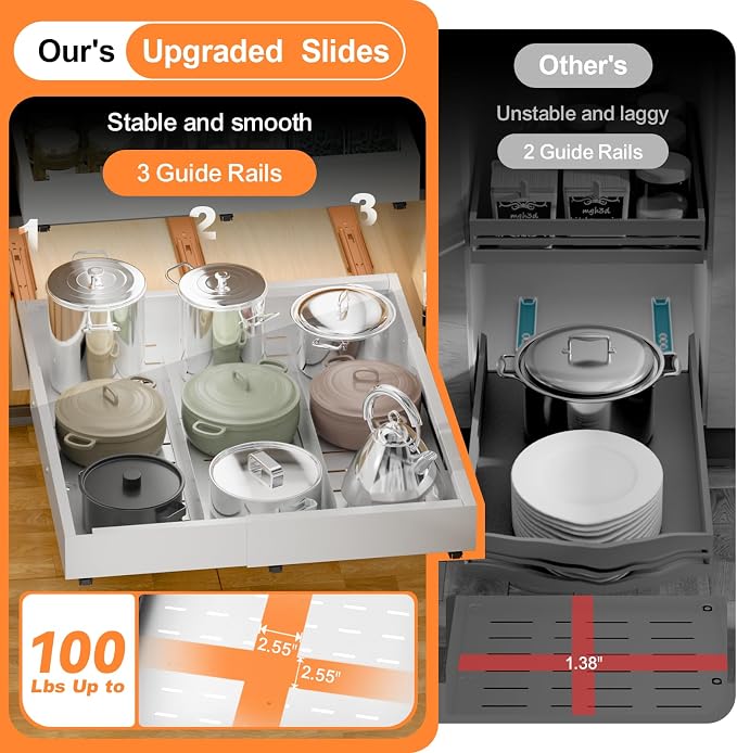 Pull out Cabinet Organizer Expandable W(12"-20") and D(16"-22"), No Drill Adjustable Slide Out Drawers With 3 Slide Rails, 2Pcs Magnetic Panel, Adhesive Roll out Shelves for Kitchen, Cabinets, Pantry