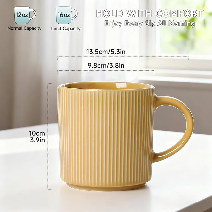 MONITO 16Oz Coffee Mugs Set of 4, Rustic Ceramic Coffee Cups Set with Large Handle, Vintage Striped Stoneware Coffee Mugs for Latte, Cocoa, Tea, Milk, Microwave & Dishwasher Safe, Lemon Yellow