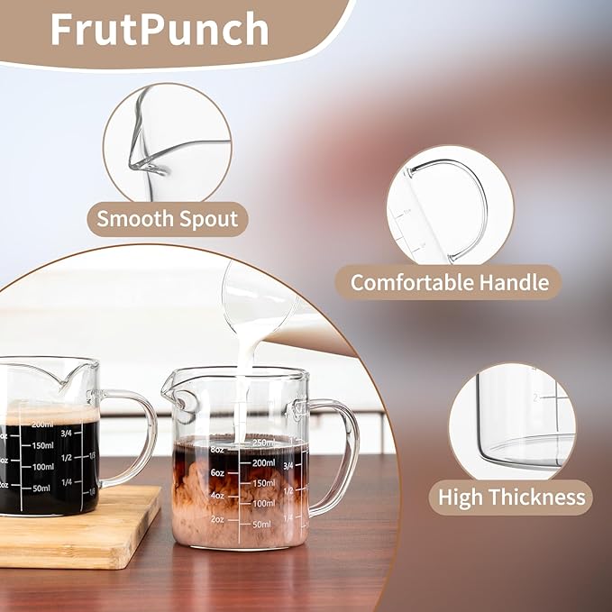 FrutPunch Glass Measuring Cup, Two-Pack (8OZ, 12OZ) with V-Shaped Mouth, Liquid Measuring Cups, Coffee Glass Measuring Cup with Handle, Suitable for Kitchen and Restaurant.