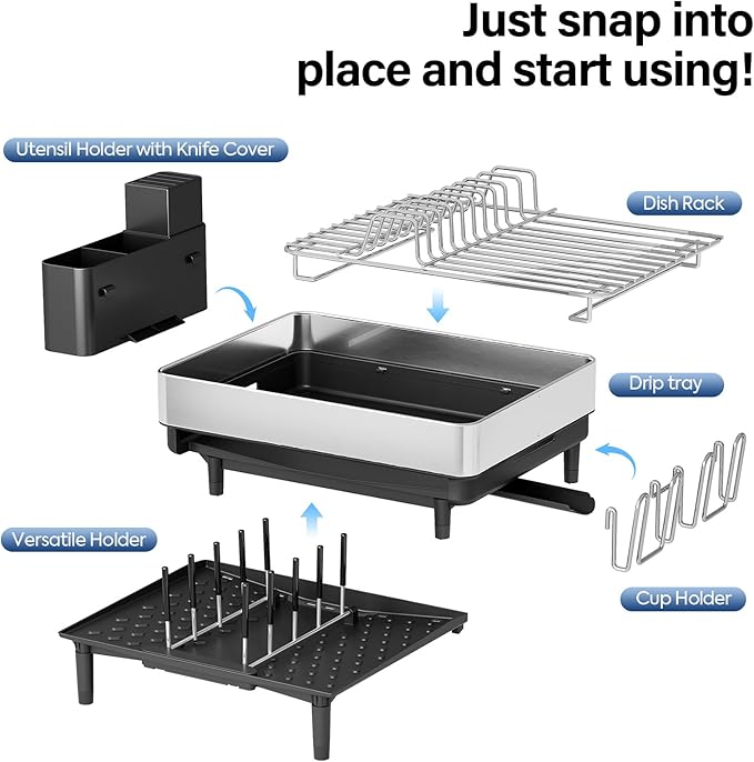 Urackify Dish Drying Rack for Kitchen Counter - Stainless Steel Dish Drainer with Drain Board, Removable Utensil Holder, Rust-Proof Plate, Non-Slip Feet, Large Capacity for 10 Plates 6 Bowls 4 Cups