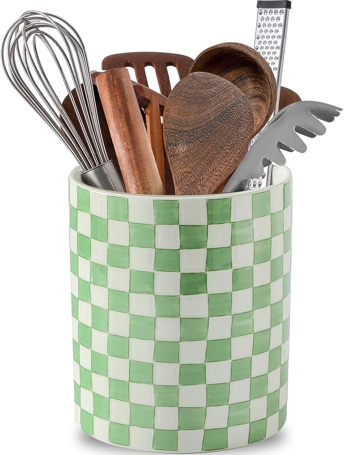 7" Ceramic Hand painted Utensil Holder, Large Kitchen Utensil Holder Organizer ,Stable Utensil Crock Spatula Holder for Kitchen Counter Countertop Farmhouse Cooking Tools Holder (Green)