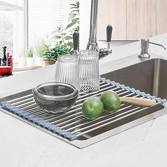 Seropy Roll Up Dish Drying Rack Over Sink Over The Sink Dish Drying Rack Kitchen Dish Drainer, Folding Dish Rack for Kitchen Sink Counter Stainless Steel Mat Foldable Dish Dryer Racks 17.5" x 13.7"