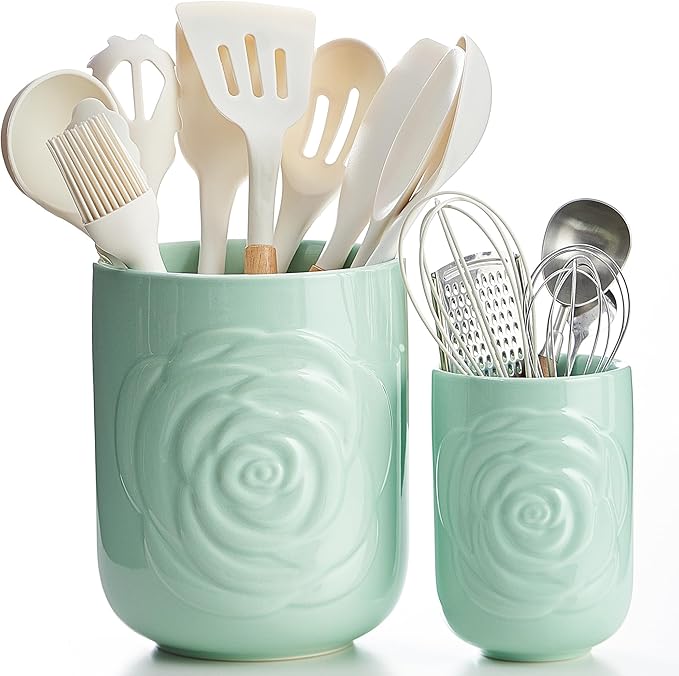 Large Utensil Holder Set of 2, 7.5"+ 5.5" - Ceramic Rose Kitchen Countertop Utensil Crock for Spatulas, Spoons & Cooking Tools, Farmhouse Kitchen Counter Decor, Green