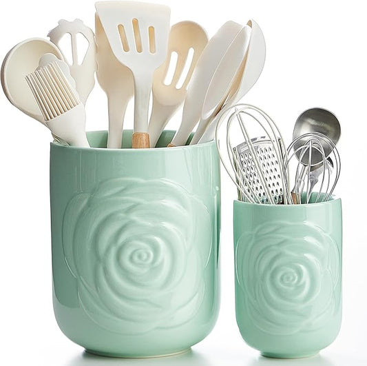Large Utensil Holder Set of 2, 7.5"+ 5.5" - Ceramic Rose Kitchen Countertop Utensil Crock for Spatulas, Spoons & Cooking Tools, Farmhouse Kitchen Counter Decor, Green