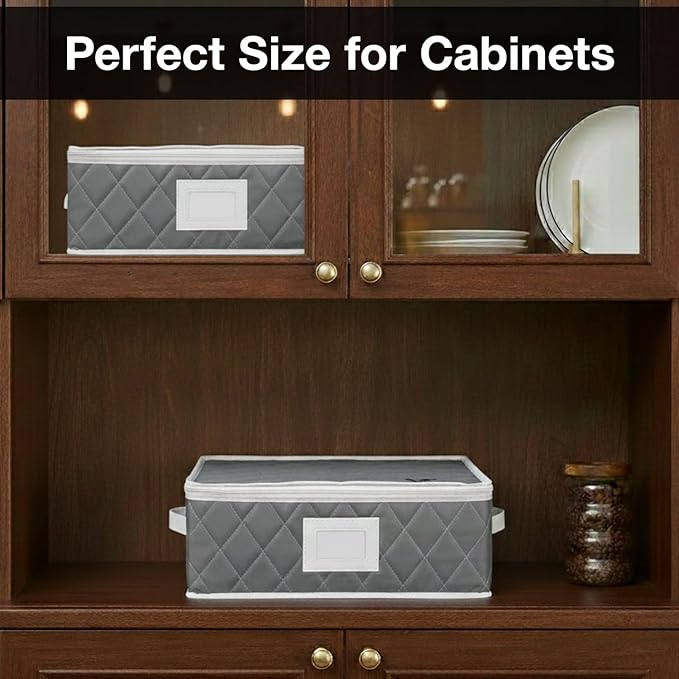 Mug Storage Organizer Set of 2 – 12 Compartment Cup Storage Boxes with Lid, Stackable Woven Fabric Holder for Coffee Mugs, Glassware & Teacups (Oxford Cloth, Padded, Gray)