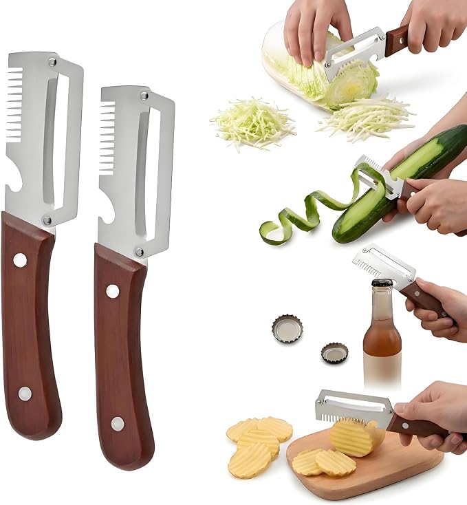 2 Pack Multifunctional Vegetable Peeler, 3-in-1 Peelers For Kitchen with Bottle Opener, Sharp Stainless Steel Swivel Blade, Wooden Handle, For Vegetables or Fruits that Need to Be Peeled