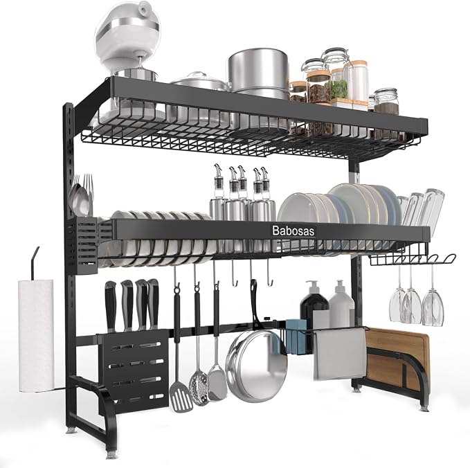 Over The Sink Dish Drying Rack,3 Tier Adjustable Length (25.5'' to 37.4'') Full Stainless Steel Large Storage Kitchen Dish Rack,for Kitchen Counter,Expandable Multifunctional Organizers,Black