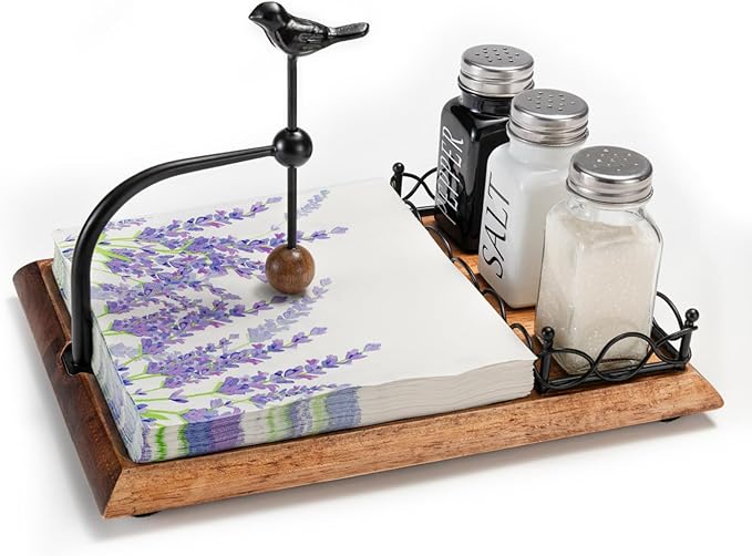 Charming Wooden Napkin Holder with Bird Design – Includes Space for Salt and Pepper Shakers – Multifunctional Black Napkin Holder for Table, Kitchen & Outdoor Use