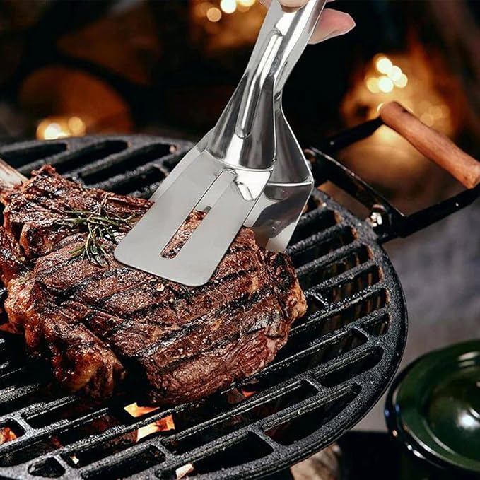 2 Pcs Kitchen Cooking Tongs 10 inch Stainless Steel Flipping Spatula Steak Clamps for Cooking Grilling Frying Bread Hamburger Pies Pizza Pancakes