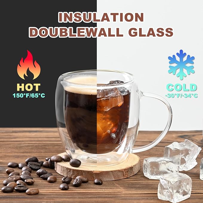 Double Walled Glass Coffee Mugs 5 oz,Espresso Cups Set of 2, Clear Insulated Glass Coffee Cups, Expresso Shots Cup with Handle, Clear Coffee Mug, Espresso Shot Cups, Glass Cups