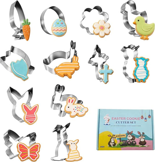 Mini Easter Cookie Cutter Set, 12 PCS Stainless Steel Easter Themed Cookie Cutters - Bunny, Egg, Chick, Butterfly, Carrot and More