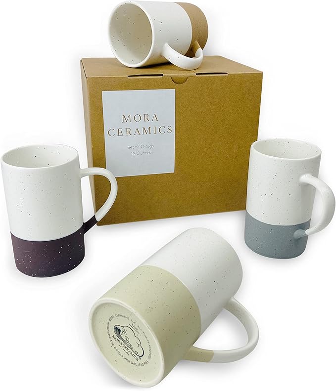 Mora Ceramics 12oz Coffee Mug Set of 4 - Tea Cups with Handle - Microwave and Dishwasher Safe, Perfect For Mug Lovers - Rustic Matte Glaze, Modern Design - Assorted Colors
