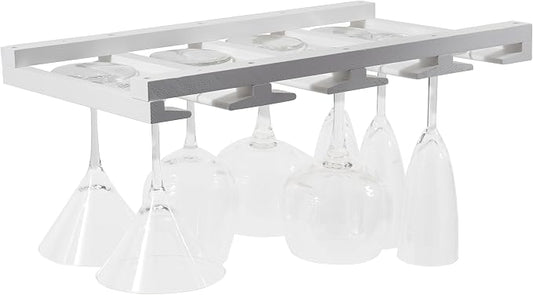 Rustic State Eze 4 Sectional Under Cabinet Mount Wood Stemware Rack Hanging Shelf Glassware Holder Bar Organizer with up to 12 Wine Glass Storage 10 Inch Deep White