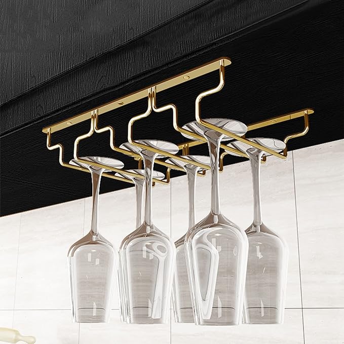 Gold Wine Glass Rack Hanging Metal 304 Stainless Steel Under Cabinet Shelf Stemware Racks Wine Champagne Goblets Holder for Kitchen Bar Pub (Size : 34.5x28x5.5cm)