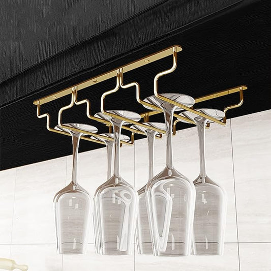 Gold Wine Glass Rack Hanging Metal 304 Stainless Steel Under Cabinet Shelf Stemware Racks Wine Champagne Goblets Holder for Kitchen Bar Pub (Size : 34.5x28x5.5cm)