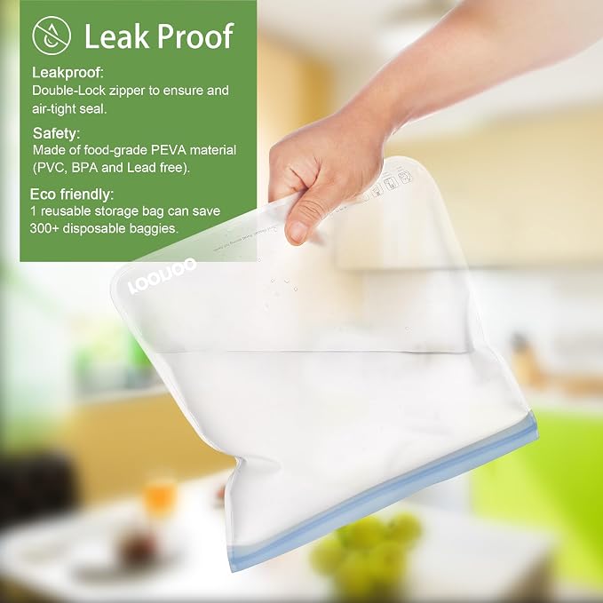 6 Pack Dishwasher Safe Reusable Gallon Freezer Bags Food Storage Bags, Extra Thick Leakproof Silicone & Plastic Free Ziplock Bags for Meal Prep, Fruits, Sandwich, Snack, Travel Items