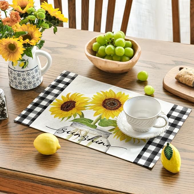 Niviy Sunflower Placemats Set of 4, 12x18 Inch Sunshine Vase Summer Spring Table Mats for Holiday Party Kitchen Dining Room Decoration