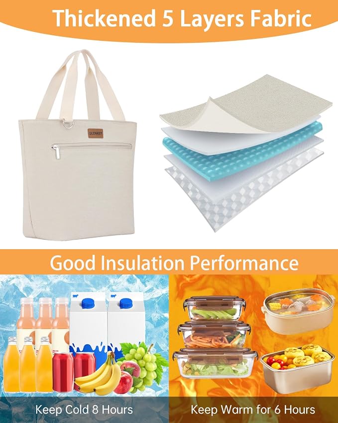 GLENKEY Insulated Lunch Bag Tote Lunch Box - XLarge Leakproof Cooler Bags for Adults - Soft Lunchbox for Women Work Shift Outdoor Travel Beige 14L
