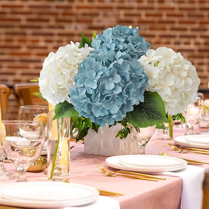 JINWOE Grey Blue Large Lifelike Silk Artificial Hydrangeas, 5Pcs 20Inch Full Fake Flowers for Bouquet Table Centerpieces Wedding Indoor Home Outdoor Baby Showers Decoration