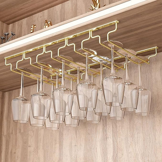 Gold Wine Glass Rack Hanging Metal 304 Stainless Steel Under Cabinet Shelf Stemware Racks Wine Champagne Goblets Holder for Kitchen Bar Pub (Size : 57x28x5.5cm)