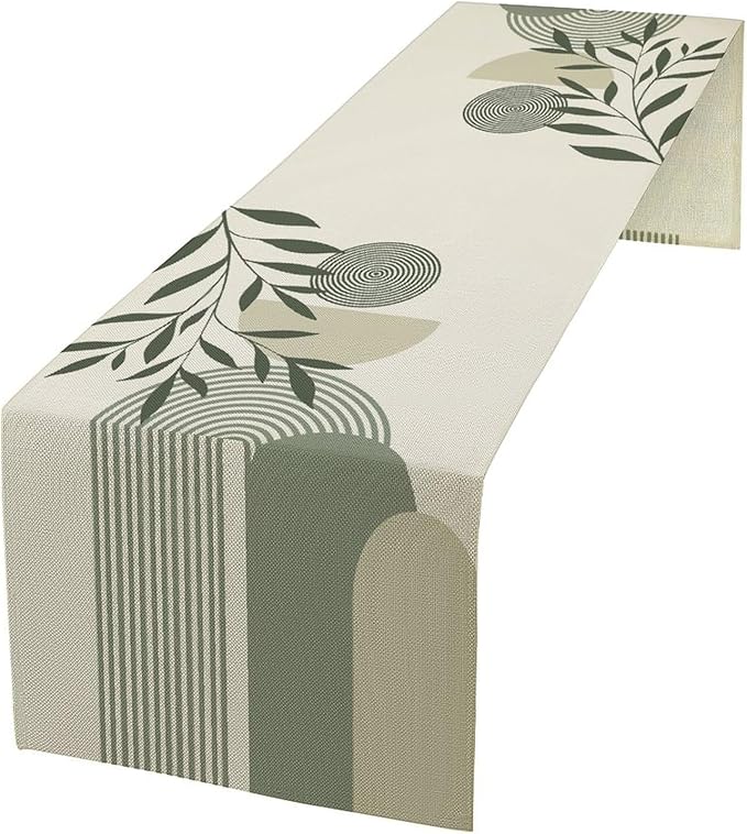 Boho Leaves Table Runner Sage Green Mid Century Modern Abstract Arch Geometric Minimalisted Spring Seasonal Dinner Runner for Farmhouse Kitchen Dining Home Holiday Party 13x70in