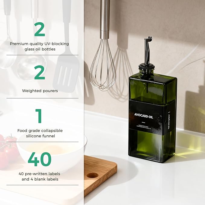 WISIMMALL Olive Oil Dispenser Bottle For Kitchen, 17OZ UV-Blocking Oil And Vinegar Dispenser Set Of 4, Soy Sauce Cooking Oil Dispenser with 4 Stainless Steel Pourers & 44 Labels