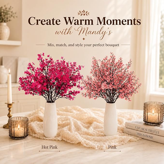 Mandy's Hot Pink Artificial Baby’s Breath Flowers 6 Bundles Silk Gypsophila, 18.5 Inch European Style Modern Home Decor Centerpiece, Neutral Wedding Flower Arrangements