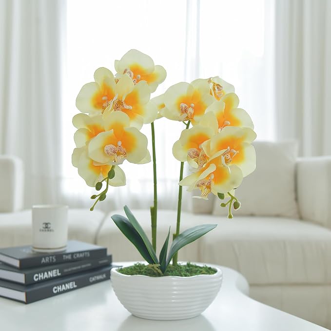 Large Artificial Potted Orchid Plant, Silk Flower Arrangement with Ceramics Vase, Yellow