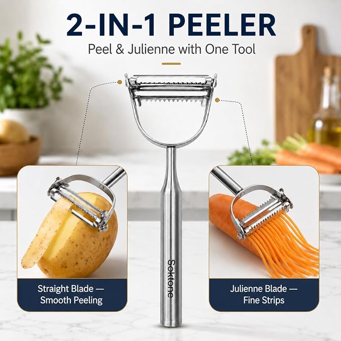 Stainless Steel Vegetable Peeler, 2-in-1 Multifunctional Vegetable Peeler & Julienne Peelers with Straight Edge and Serrated Blades, Fruit Carrot Potato Veggie Peelers Slicer Tool for Kitchen