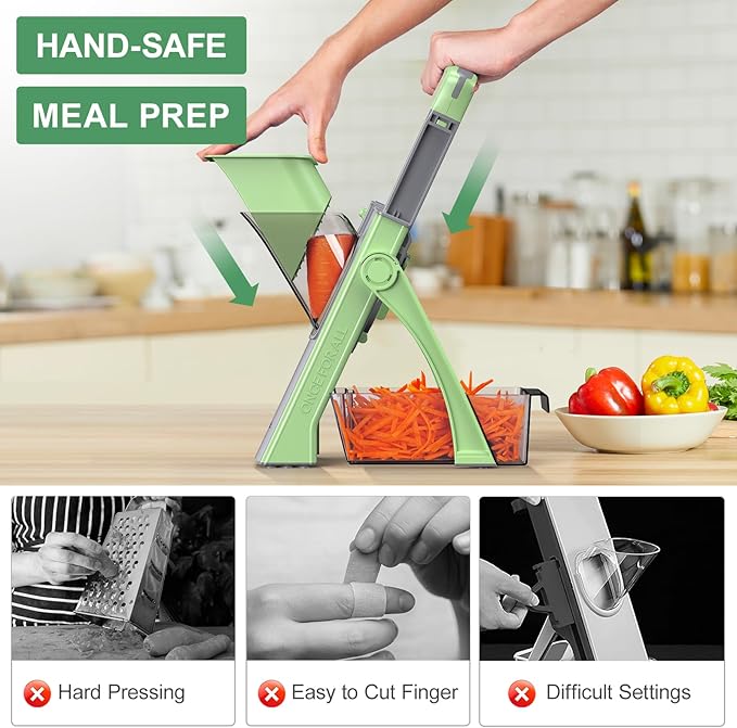 [All in 1] Upgraded Version Safe Mandoline Slicer for Kitchen, Adjustable Thickness. Veggie Slicer, Rapid Prep Mandoline, Detachable Blade, Cleaning Brush (Green)