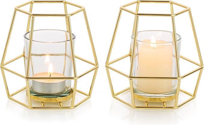 Nuptio Geometric Tealight Candle Holder Gold - Candle Holders for Pillar Candles Set of 2 Tea Light Candle Holders Set Metal Candle Stand Table Centerpiece for Wedding Party Cafe Bar Home Decor
