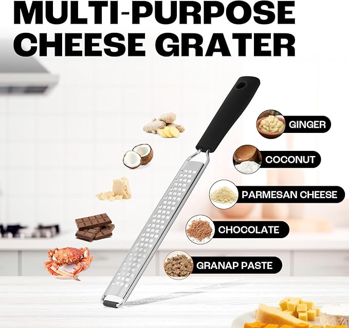 Zester Grater with Protective Cover – Fine Stainless Steel Lemon Zester cheese shredder for Kitchen, Ideal for parmesan, Garlic, Nutmeg, Chocolate, Fruits, Vegetables – Black