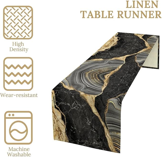 Marble Table Runner, Black Grey and Gold Abstract Modern Luxury Texture Printed Linen Table Runners for Farmhouse Kitchen Dining Room Party Holiday Decor 13" W x 72" L