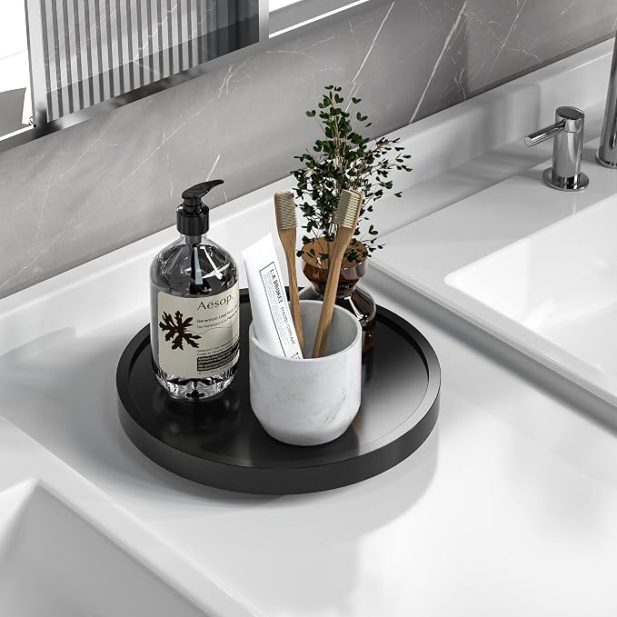 Turntable Vanity Tray 9 Inch for Perfume Candle, Bamboo Kitchen Sink Countertop Organizer for Keep Glass, Sponge and Soap Bathroom Countertop Organizer Black