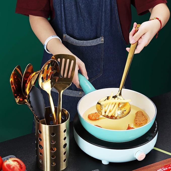 Gold Skimmer, Berglander Metal Strainer With Titanium Gold Plating, Kitchen Cooking Skimmers For Non-Stick Cookware, Dishwasher Safe, Easy to Clean