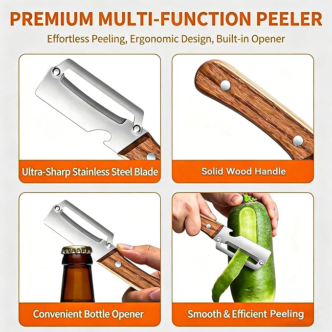 Multi-Functional Vegetable Peeler for Kitchen with Wooden Handle and Bottle Opener, 2 in 1 Stainless Steel Veggie Peeler Kitchen Gadgets Tool for Fruit Potato Pumpkin Apple Carrot Papaya