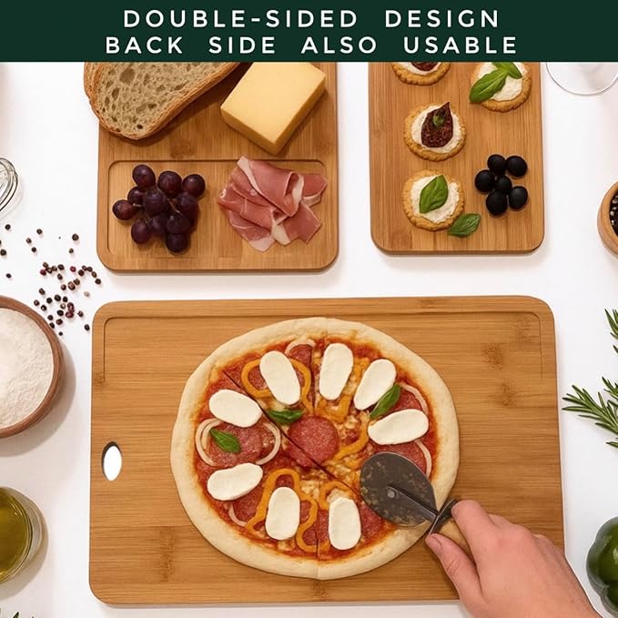 Bamboo Cutting Board Set – Durable 3-Piece Carbonized Brown Bamboo Boards with Deep Juice Grooves & Hanging Holes, Eco-Friendly Wooden Cutting Boards for Meat, Vegetables & Fruits