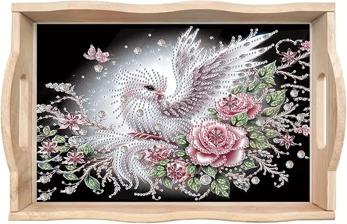 DIY Diamond Serving Tray with Handle Handmade Diamond Art Painting Wooden Rectangular Breakfast Tray for Dinner Plate Coffee Room Living Home Organizer-Bird