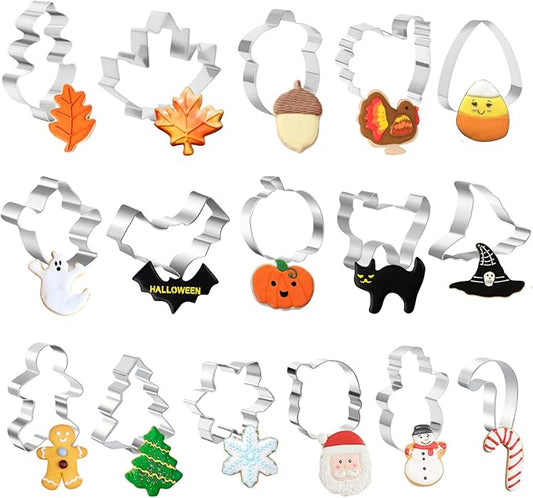 16 PCS Holiday Cookie Cutters,Stainless Steel Molds Cookie Cutters for Halloween,Thanksgiving,Christmas,Pumpkin Maple Ghost Gingerbread Man Tree Shapes Cookie Molds for Baking